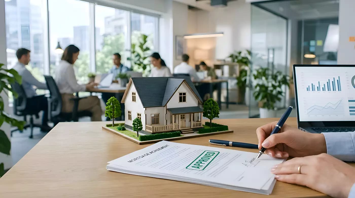 Contratto immobiliare approvato sulla scrivania accanto al modellino di una casa